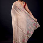 Beige Tissue Silk Saree With Floral Thread Embroidered Work - Anvi Couture
