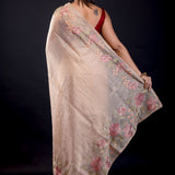 Beige Tissue Silk Saree With Floral Thread Embroidered Work - Anvi Couture
