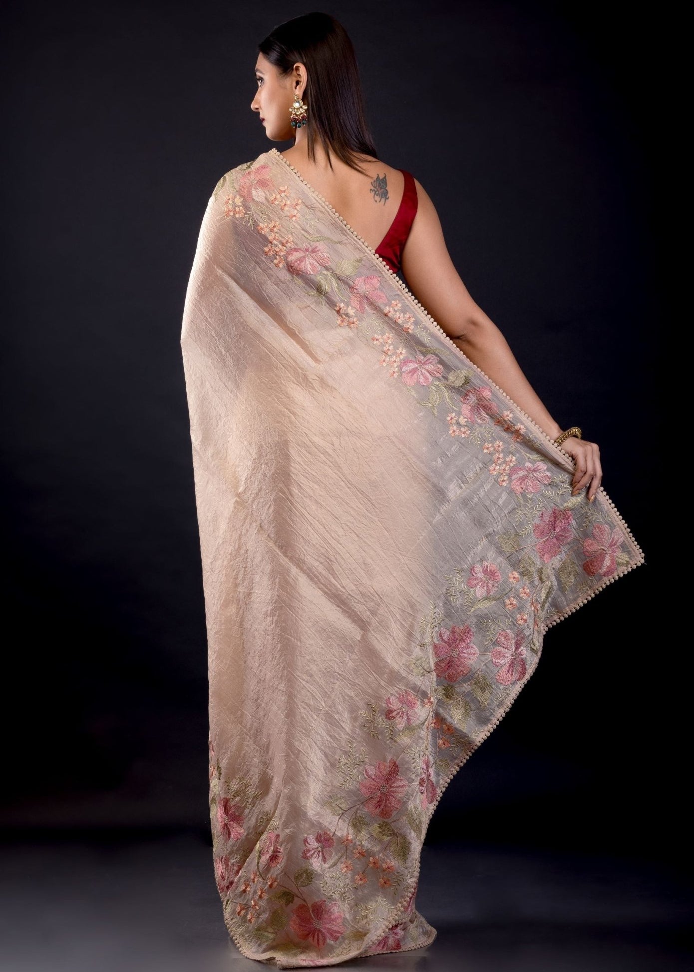 Beige Tissue Silk Saree With Floral Thread Embroidered Work - Anvi Couture