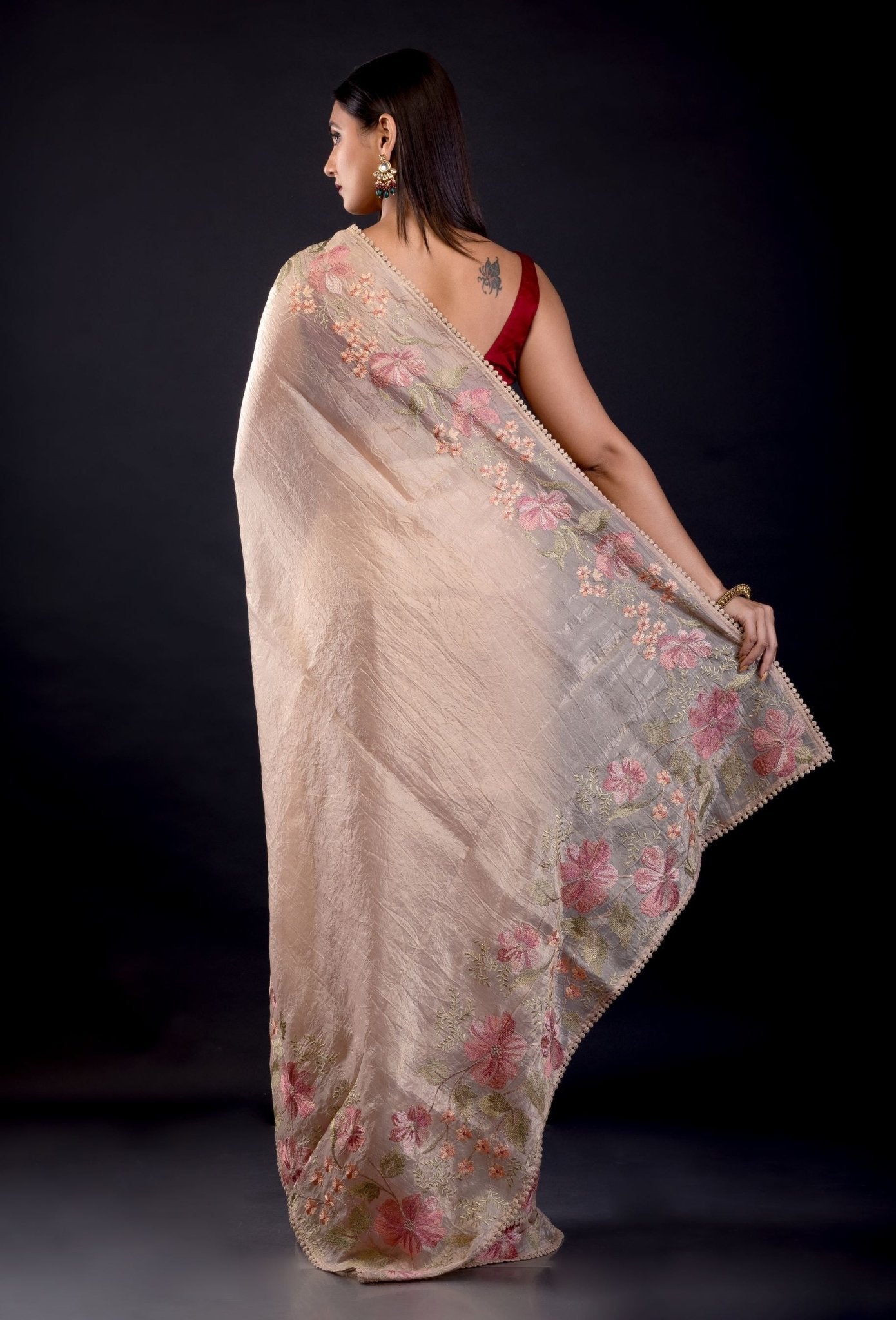 Beige Tissue Silk Saree With Floral Thread Embroidered Work - Anvi Couture