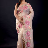 Cream Color Tissue Silk Saree With Floral Embroidered Thread Work - Anvi Couture