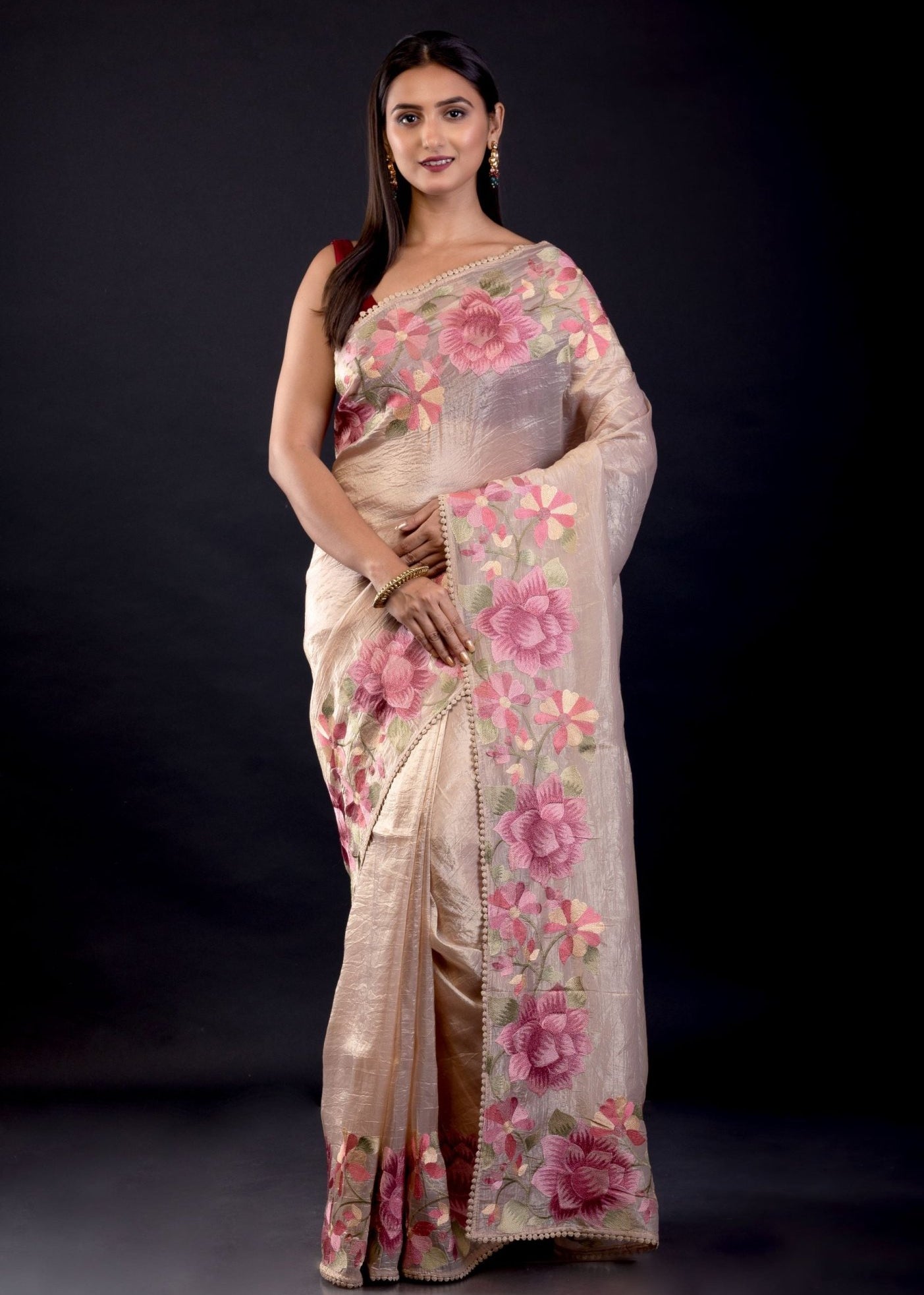 Cream Color Tissue Silk Saree With Floral Embroidered Thread Work - Anvi Couture