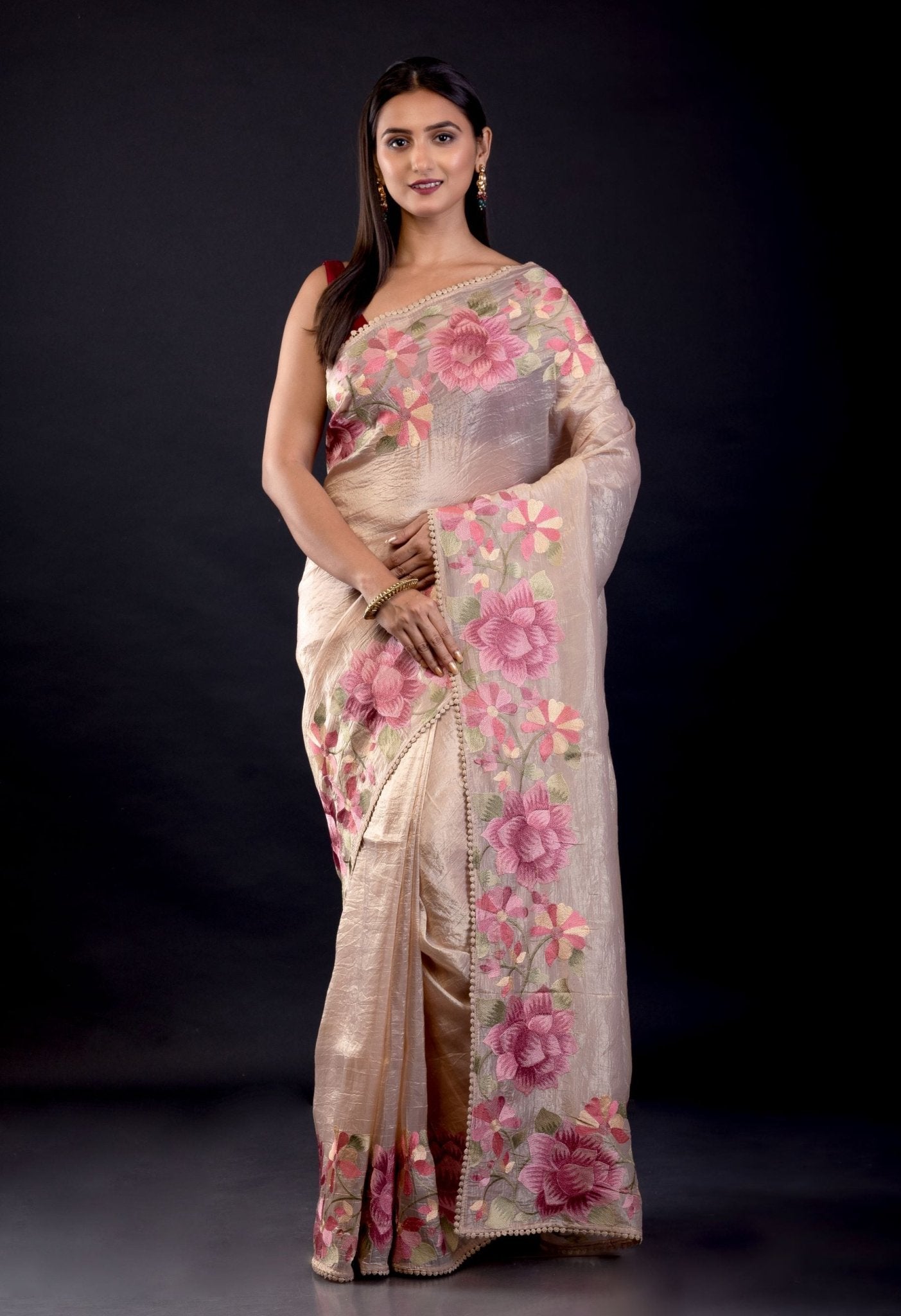 Cream Color Tissue Silk Saree With Floral Embroidered Thread Work - Anvi Couture