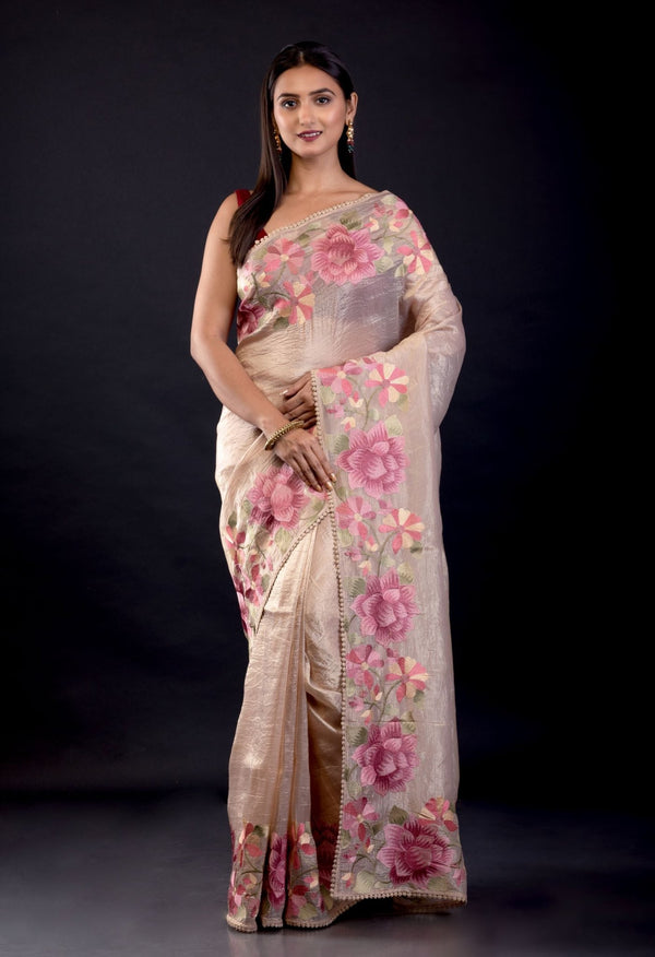 Cream Color Tissue Silk Saree With Floral Embroidered Thread Work - Anvi Couture