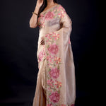 Cream Color Tissue Silk Saree With Floral Embroidered Thread Work - Anvi Couture