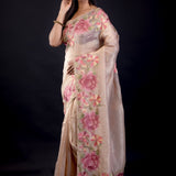 Cream Color Tissue Silk Saree With Floral Embroidered Thread Work - Anvi Couture