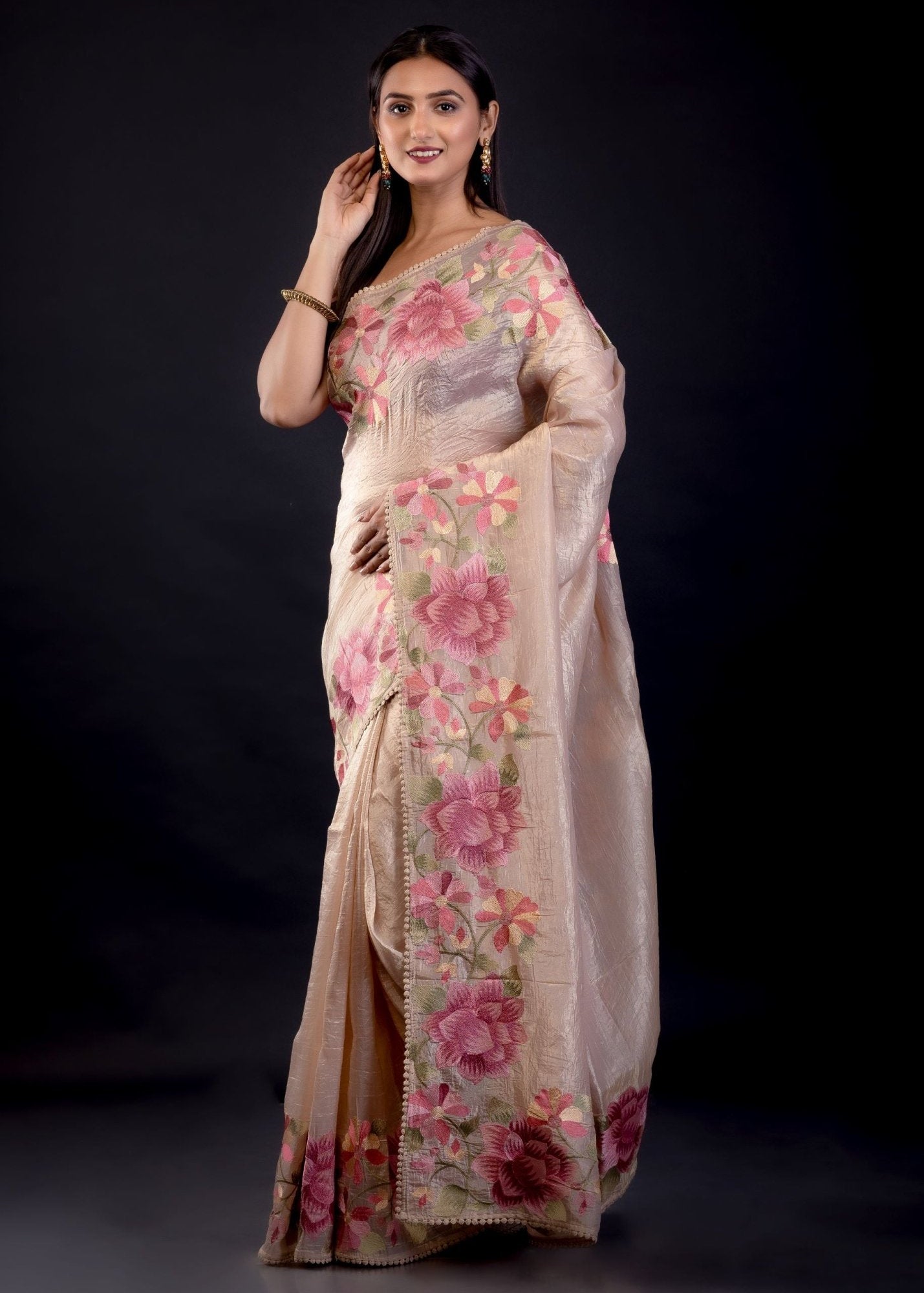 Cream Color Tissue Silk Saree With Floral Embroidered Thread Work - Anvi Couture