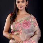 Cream Color Tissue Silk Saree With Floral Embroidered Thread Work - Anvi Couture