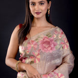 Cream Color Tissue Silk Saree With Floral Embroidered Thread Work - Anvi Couture