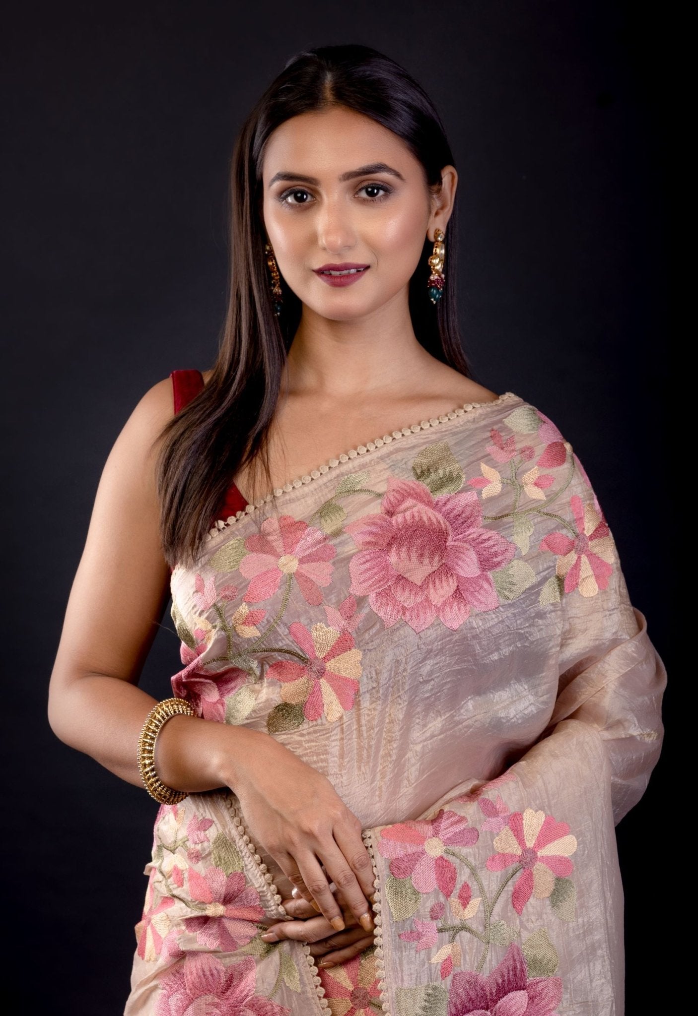 Cream Color Tissue Silk Saree With Floral Embroidered Thread Work - Anvi Couture