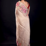 Cream Color Tissue Silk Saree With Floral Embroidered Thread Work - Anvi Couture