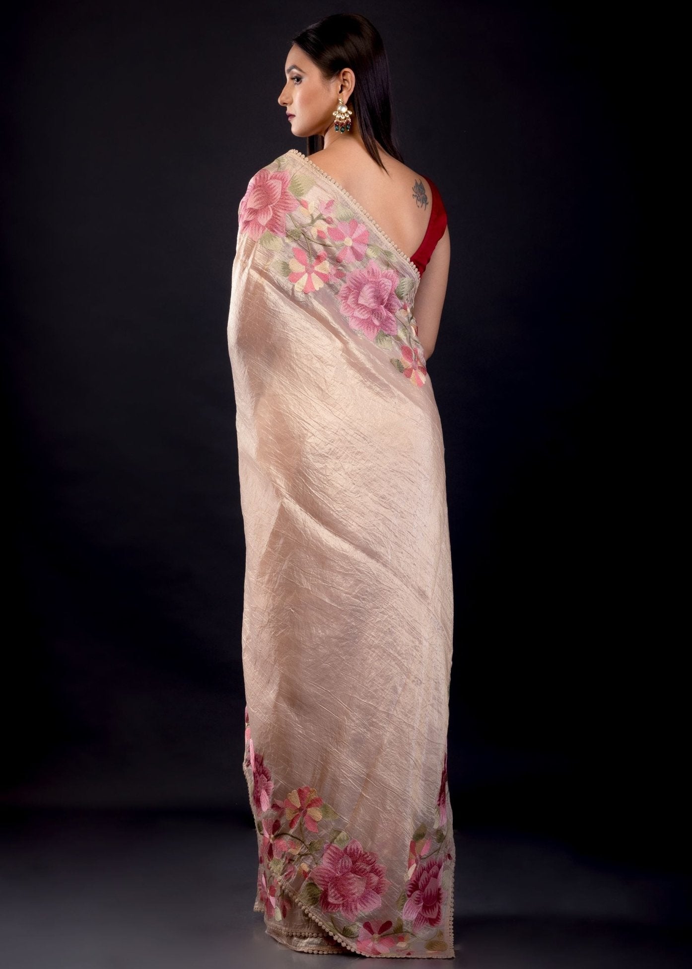 Cream Color Tissue Silk Saree With Floral Embroidered Thread Work - Anvi Couture