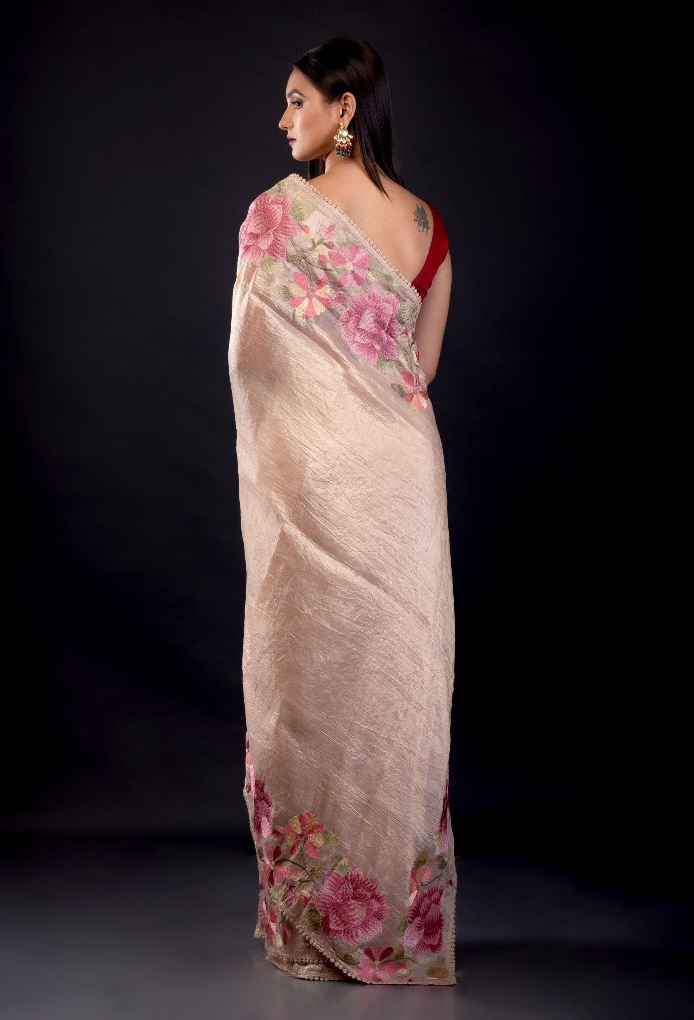 Cream Color Tissue Silk Saree With Floral Embroidered Thread Work - Anvi Couture