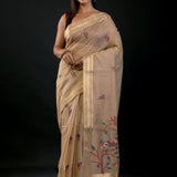 Cream Color Tant Jamdani Saree with Floral Motifs - Anvi Couture