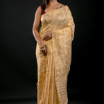 Golden Jamdani Saree with Geometric Pattern - Anvi Couture