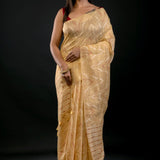 Golden Jamdani Saree with Geometric Pattern - Anvi Couture