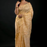 Golden Jamdani Saree with Geometric Pattern - Anvi Couture
