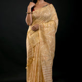Golden Jamdani Saree with Geometric Pattern - Anvi Couture