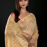 Golden Jamdani Saree with Geometric Pattern - Anvi Couture