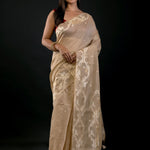Golden and White Jamdani Saree with floral Motifs - Anvi Couture