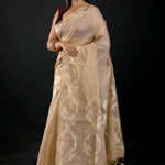 Golden and White Jamdani Saree with floral Motifs - Anvi Couture