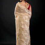 Golden and White Jamdani Saree with floral Motifs - Anvi Couture