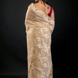 Golden and White Jamdani Saree with floral Motifs - Anvi Couture
