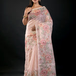 Peach Color Floral Printed Organza Saree with Thread Work - Anvi Couture