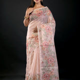 Peach Color Floral Printed Organza Saree with Thread Work - Anvi Couture