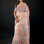 Peach Color Floral Printed Organza Saree with Thread Work - Anvi Couture