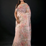 Peach Color Floral Printed Organza Saree with Thread Work - Anvi Couture