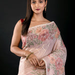 Peach Color Floral Printed Organza Saree with Thread Work - Anvi Couture