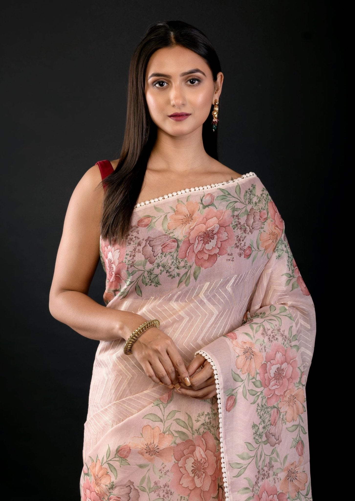 Peach Color Floral Printed Organza Saree with Thread Work - Anvi Couture