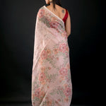 Peach Color Floral Printed Organza Saree with Thread Work - Anvi Couture
