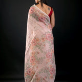 Peach Color Floral Printed Organza Saree with Thread Work - Anvi Couture