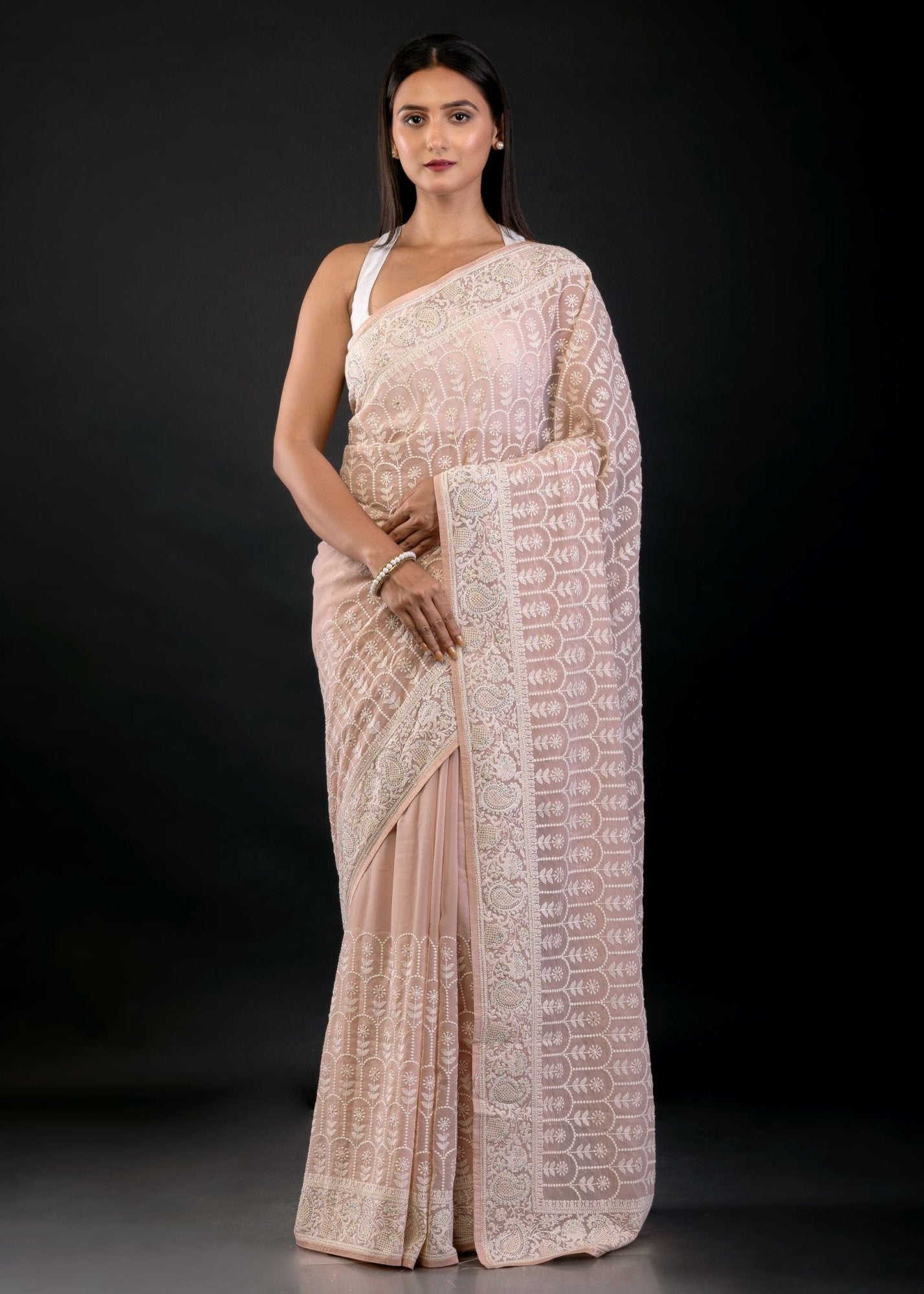 Soft Peach Georgette Saree with Thread Embroidered Work - Anvi Couture