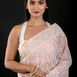 Soft Peach Georgette Saree with Thread Embroidered Work - Anvi Couture