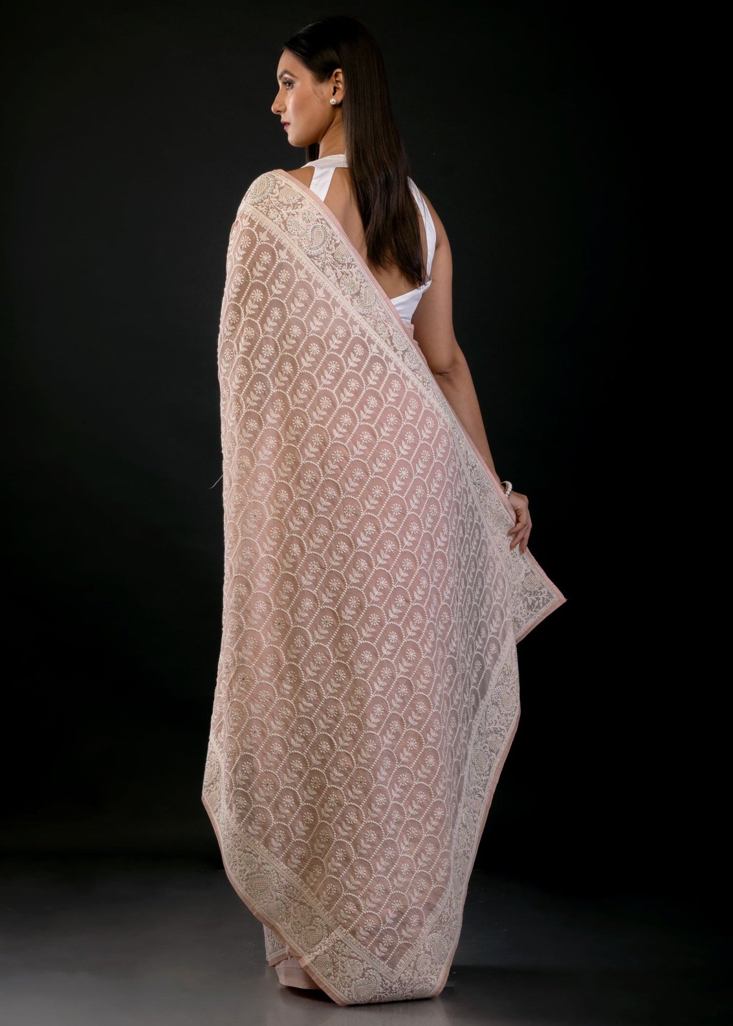 Soft Peach Georgette Saree with Thread Embroidered Work - Anvi Couture