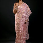 Peach Organza Saree with All Over Embroidered Floral Work - image 1