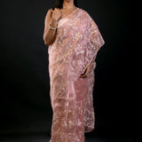 Peach Organza Saree with All Over Embroidered Floral Work - image 1