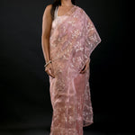 Peach Organza Saree with All Over Embroidered Floral Work - image 2