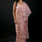 Peach Organza Saree with All Over Embroidered Floral Work - image 2
