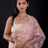Peach Organza Saree with All Over Embroidered Floral Work - image 3