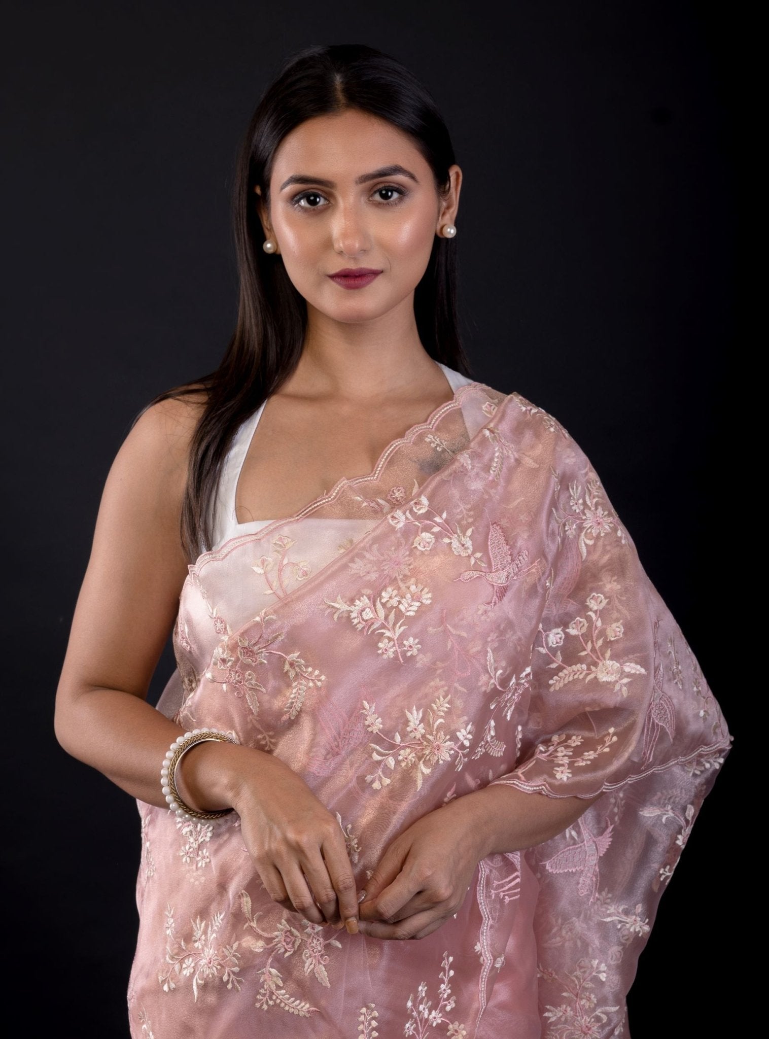 Peach Organza Saree with All Over Embroidered Floral Work - Anvi Couture