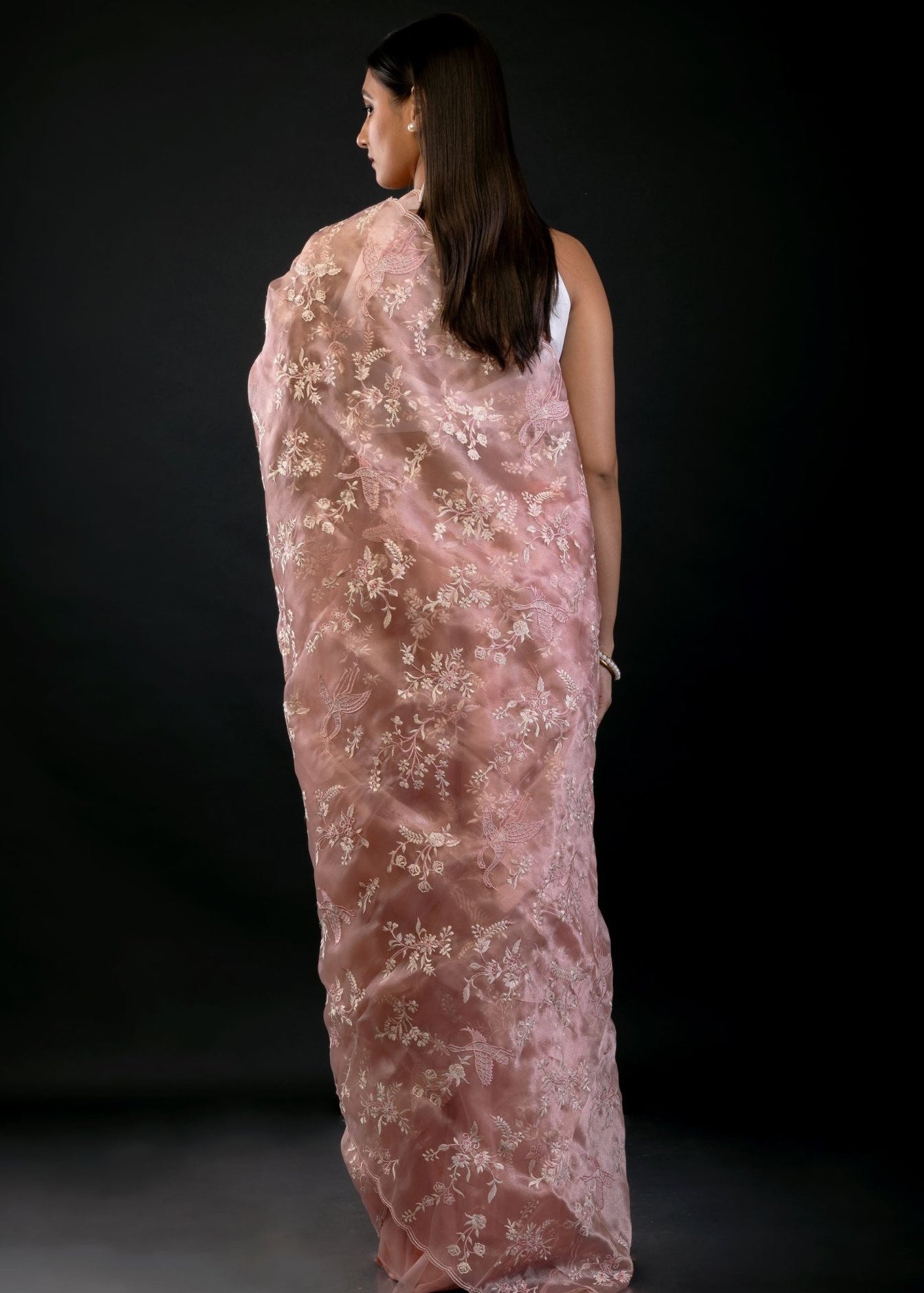 Peach Organza Saree with All Over Embroidered Floral Work - Anvi Couture