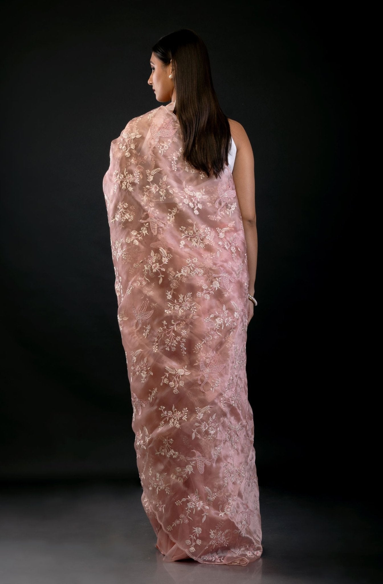 Peach Organza Saree with All Over Embroidered Floral Work - Anvi Couture