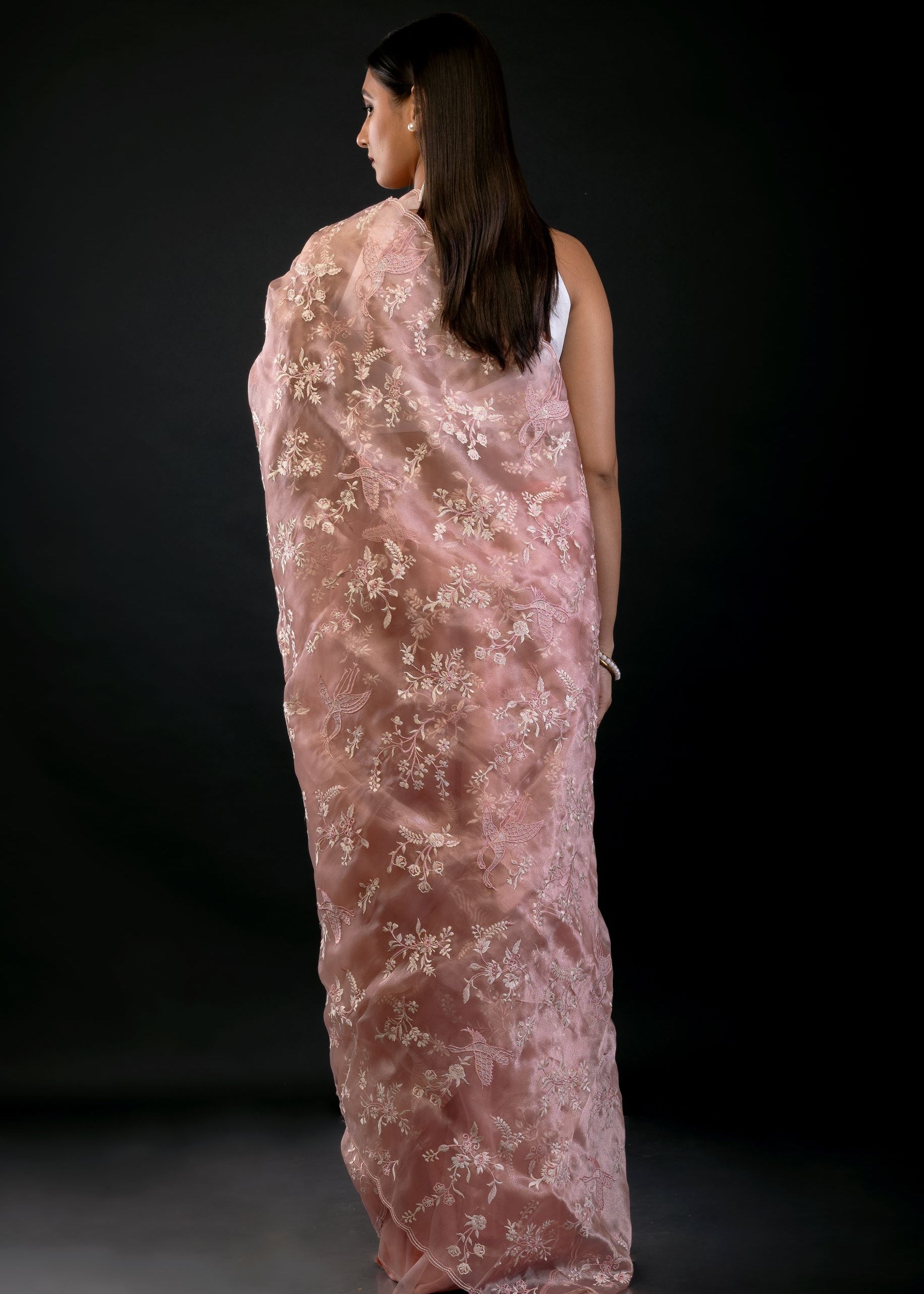 Peach Organza Saree with All Over Embroidered Floral Work - image 4