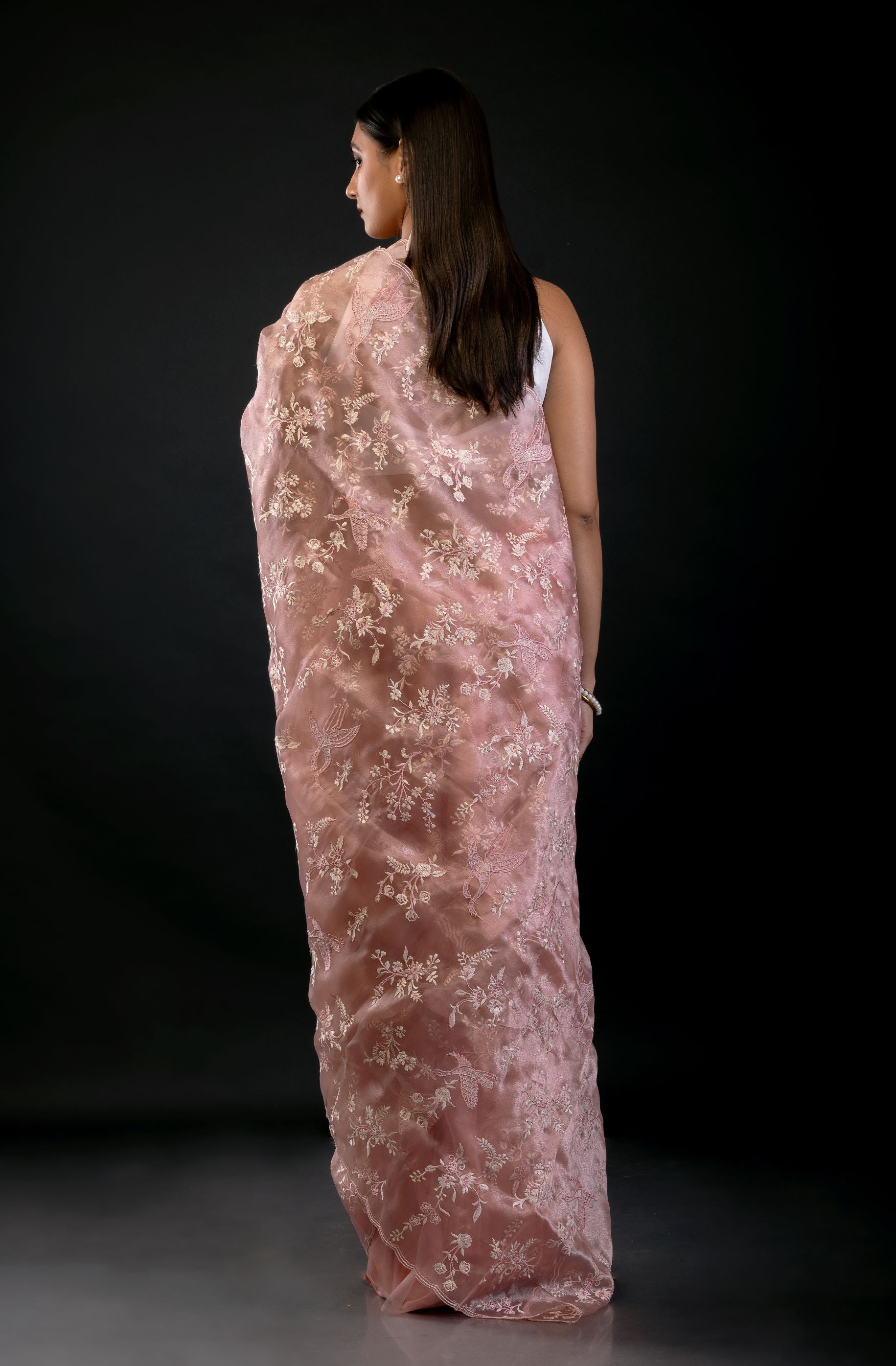 Peach Organza Saree with All Over Embroidered Floral Work - image 4