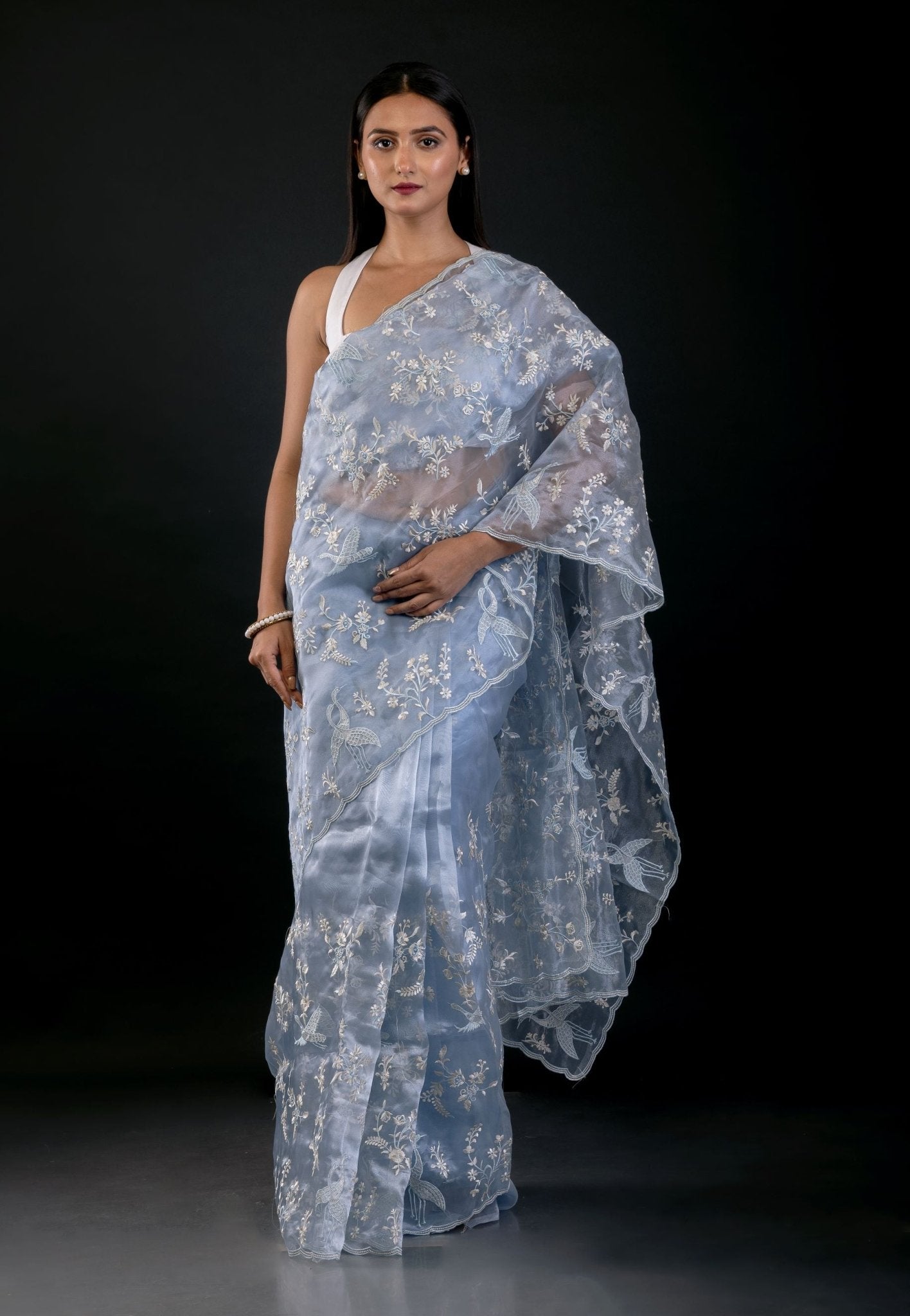 Powder Blue Organza Saree with All Over Embroidered Floral Work - Anvi Couture
