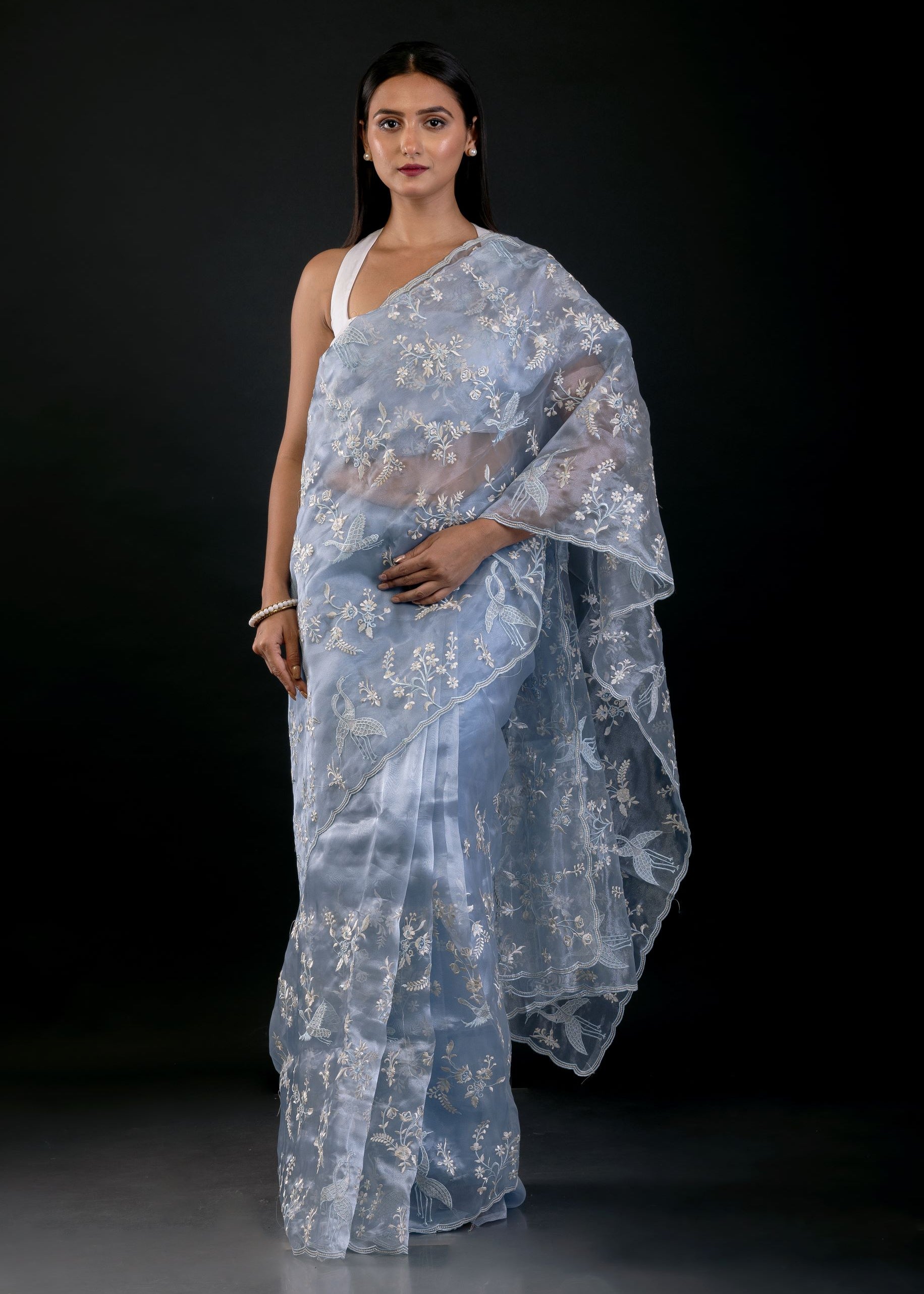 Powder Blue Organza Saree with All Over Embroidered Floral Work - image 1